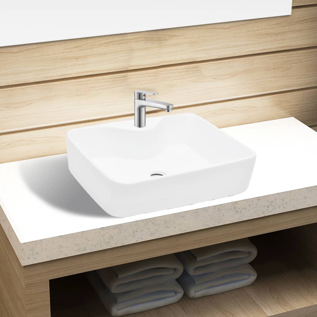 Ceramic Bathroom Sink Basin with Faucet Hole White Square - 480×370×135mm