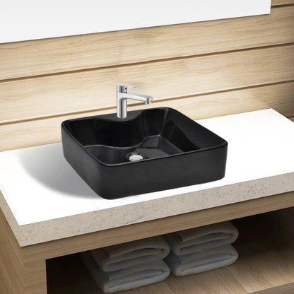 Ceramic Bathroom Sink Basin with Faucet Hole Black Square - 480×370×135mm