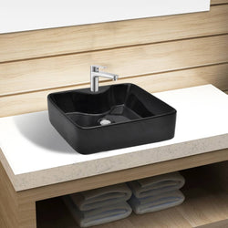 Ceramic Bathroom Sink Basin with Faucet Hole Black Square