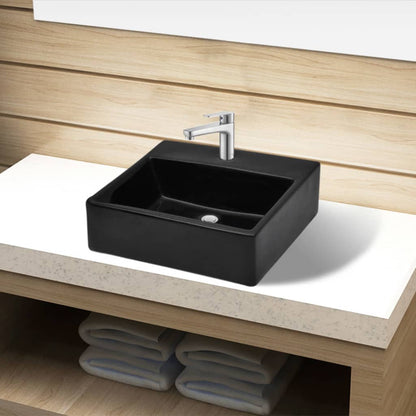 Ceramic Bathroom Sink Basin with Faucet Hole Black Square - 380×300×115mm