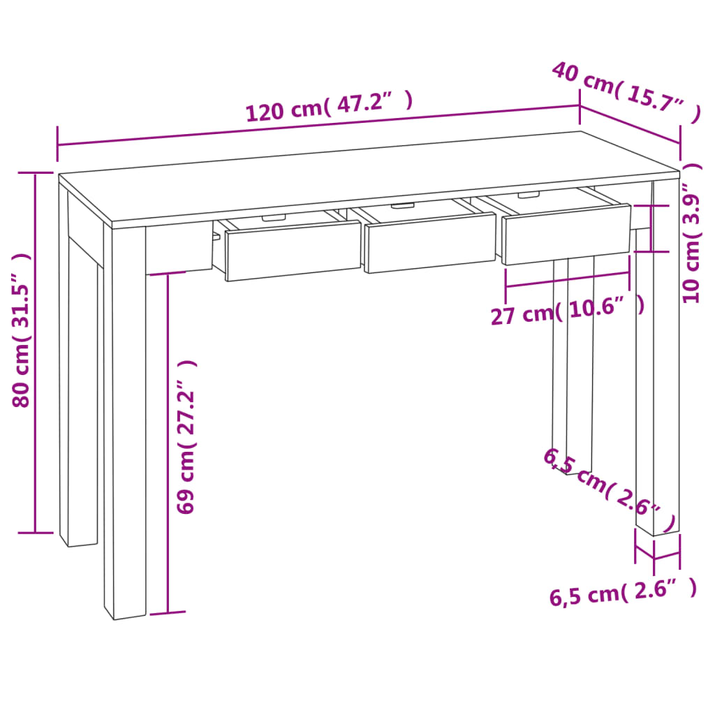 Console Table with 3 Drawers 80 cm Solid Sheesham Wood