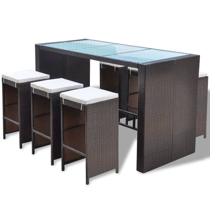 7 Piece Garden Bar Set with Cushions Poly Rattan Brown - 40×40×80cm