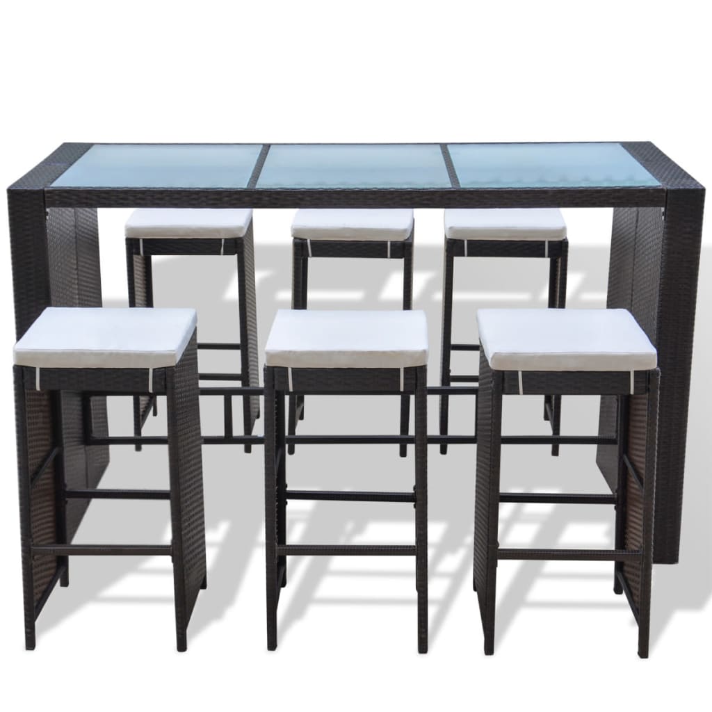 7 Piece Garden Bar Set with Cushions Poly Rattan Brown - 40×40×80cm