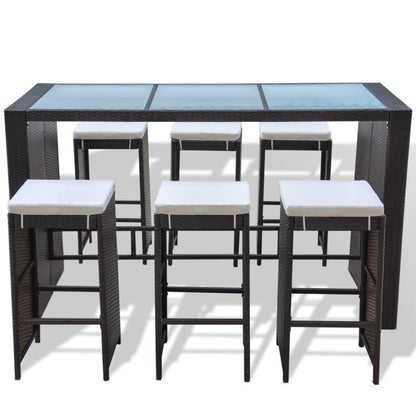 7 Piece Garden Bar Set with Cushions Poly Rattan Brown - 40×40×80cm