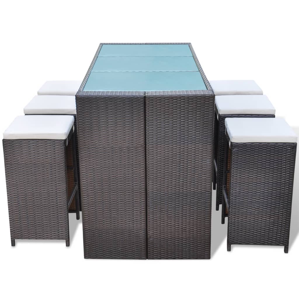 7 Piece Garden Bar Set with Cushions Poly Rattan Brown - 40×40×80cm