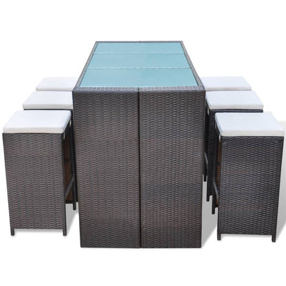 7 Piece Garden Bar Set with Cushions Poly Rattan Brown - 40×40×80cm