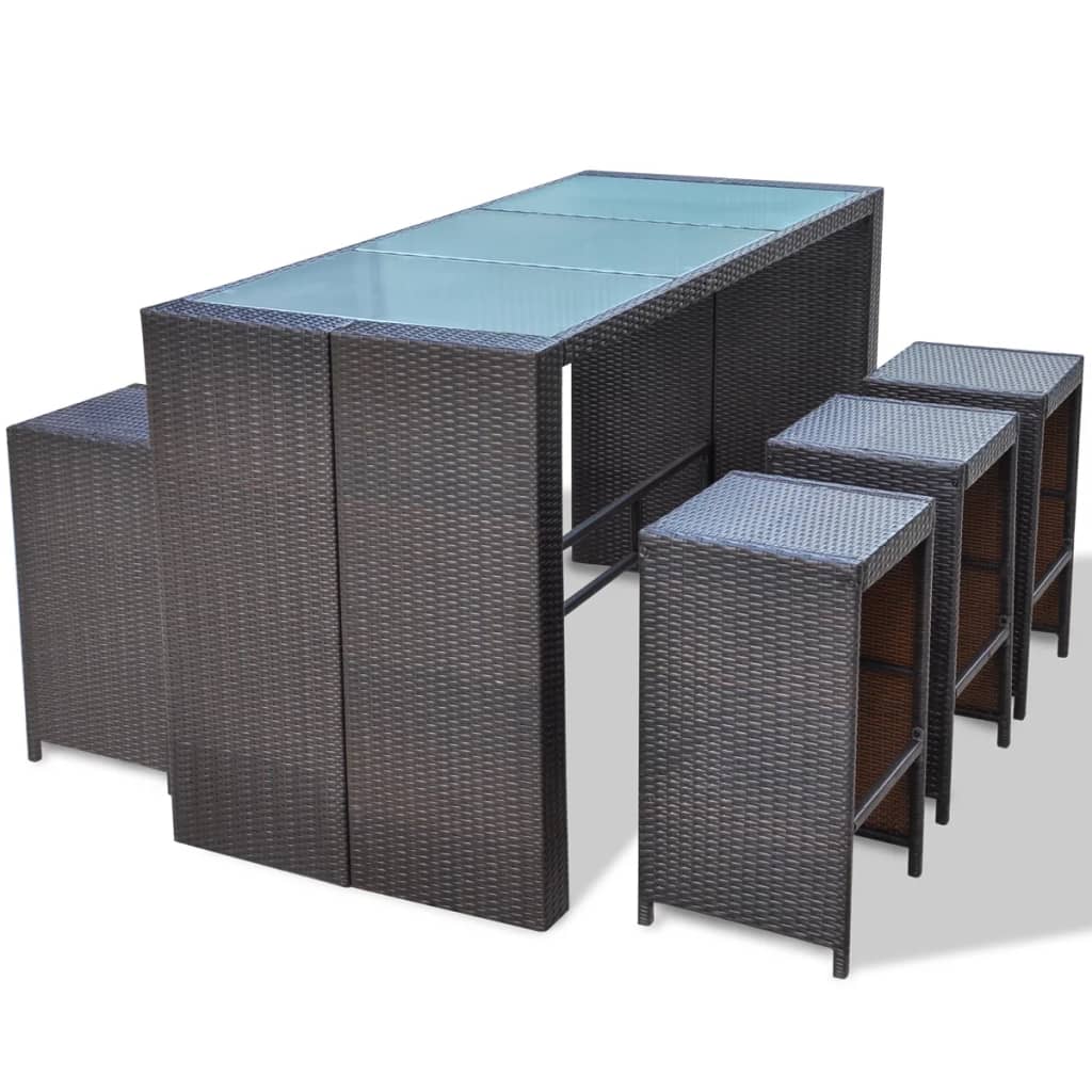 7 Piece Garden Bar Set with Cushions Poly Rattan Brown - 40×40×80cm