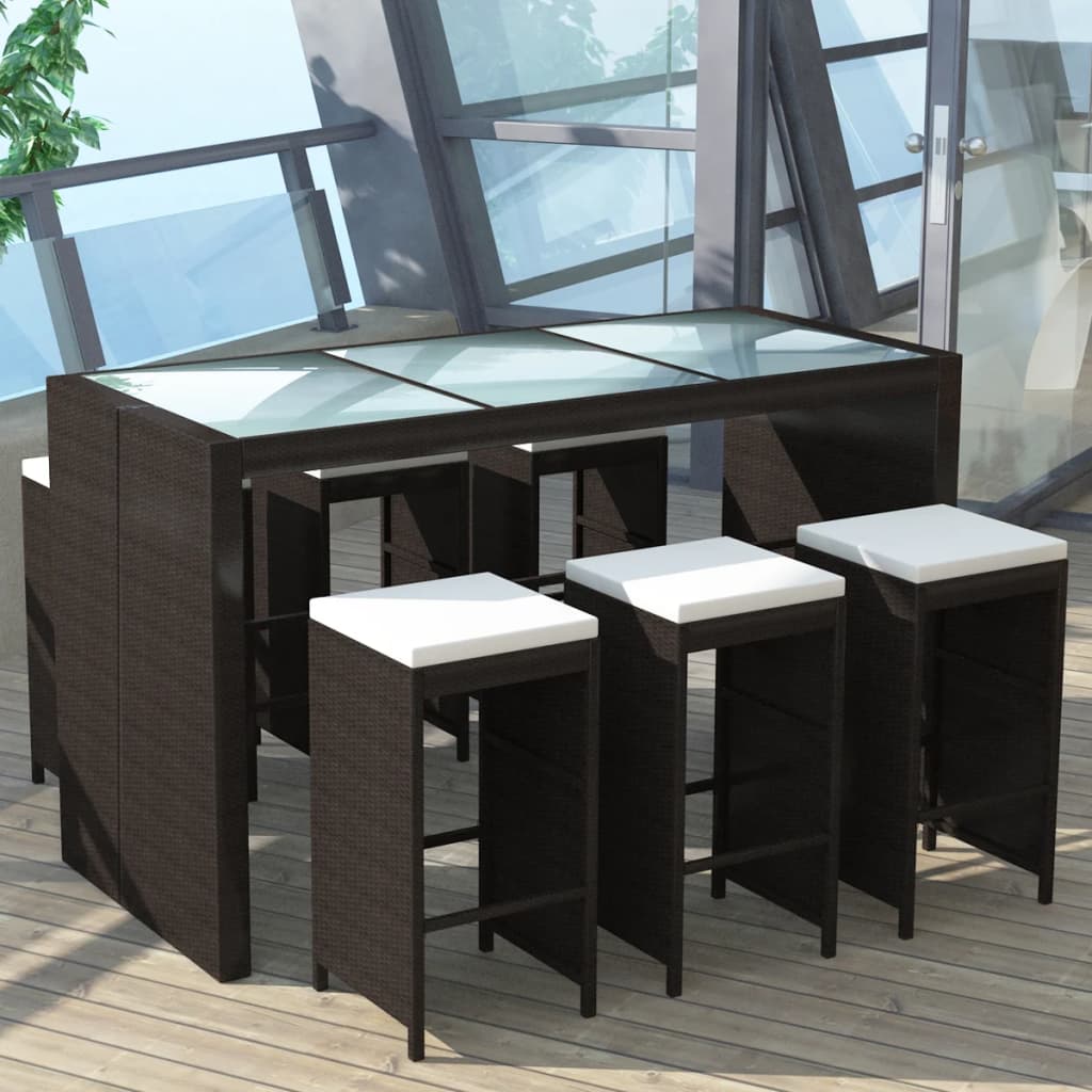 7 Piece Garden Bar Set with Cushions Poly Rattan Brown - 40×40×80cm