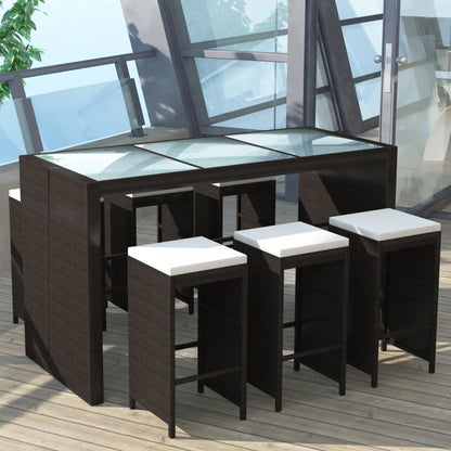 7 Piece Garden Bar Set with Cushions Poly Rattan Brown - 40×40×80cm
