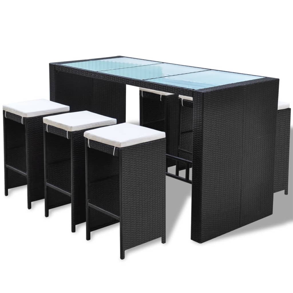 7 Piece Garden Bar Set with Cushions Poly Rattan Black - 40×40×80cm