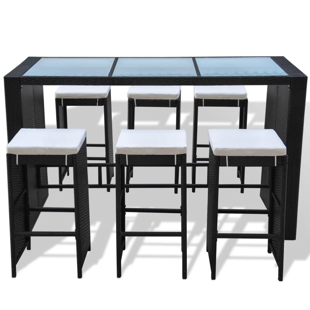 7 Piece Garden Bar Set with Cushions Poly Rattan Black - 40×40×80cm