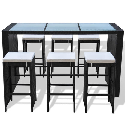 7 Piece Garden Bar Set with Cushions Poly Rattan Black - 40×40×80cm