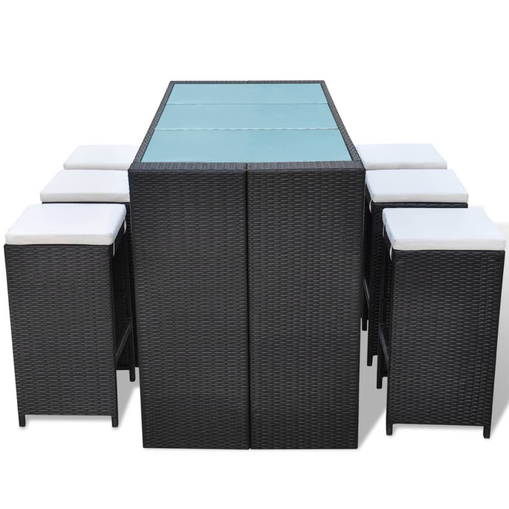 7 Piece Garden Bar Set with Cushions Poly Rattan Black - 40×40×80cm