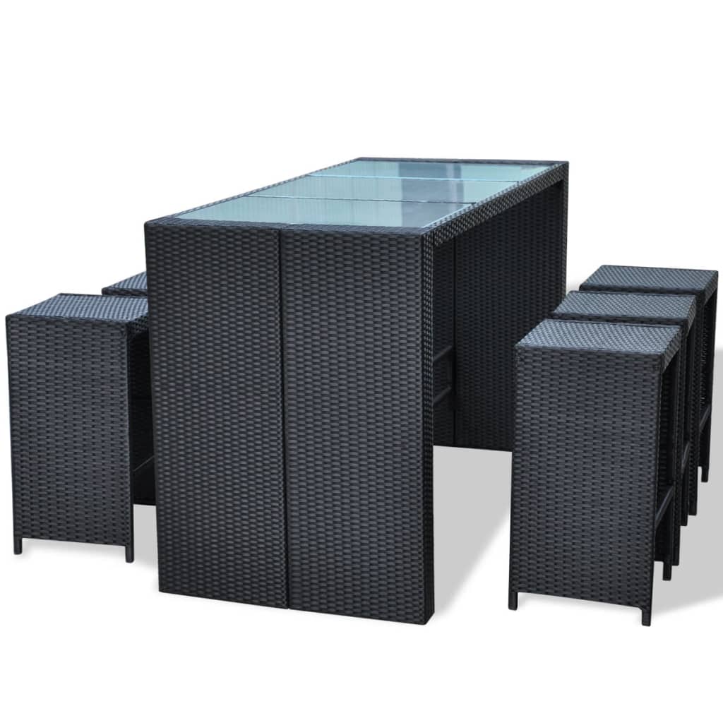 7 Piece Garden Bar Set with Cushions Poly Rattan Black - 40×40×80cm