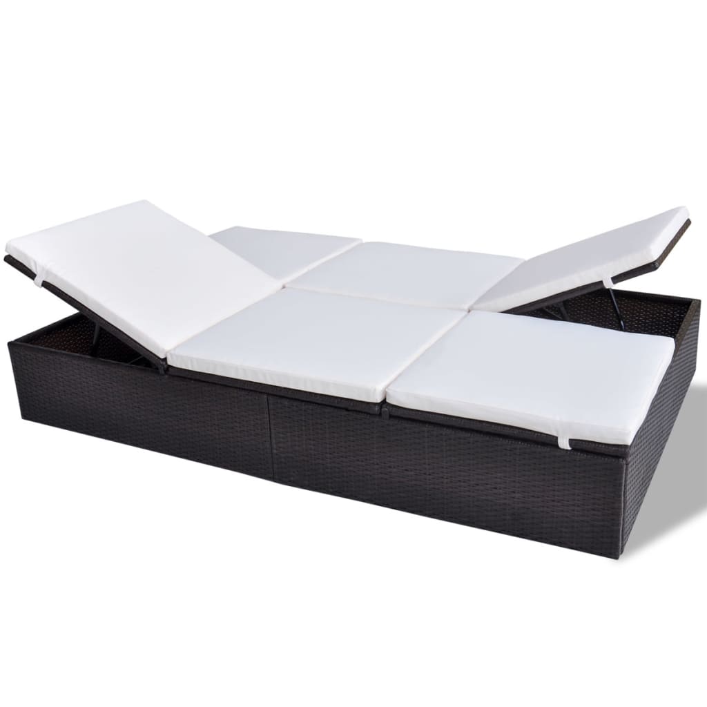 Double Sun Lounger with Cushion Poly Rattan Brown - 194×120×31cm