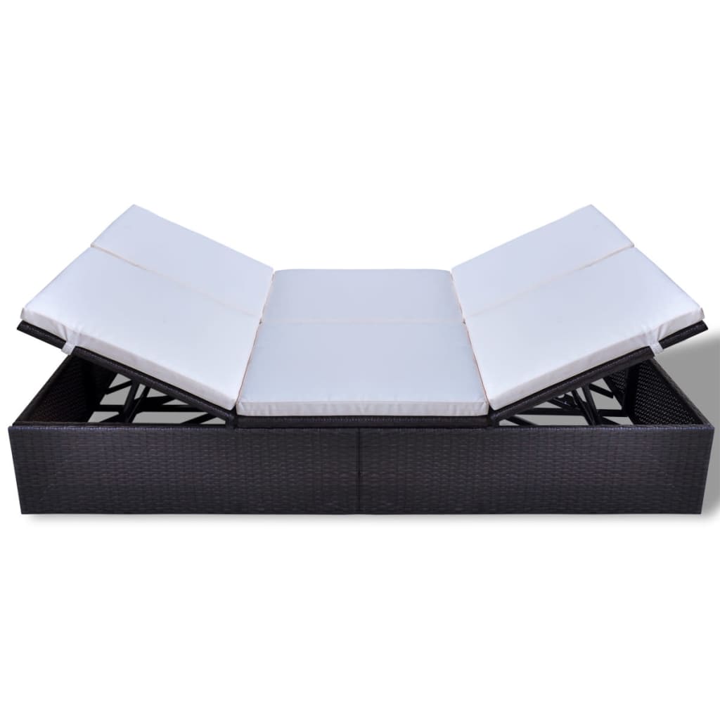 Double Sun Lounger with Cushion Poly Rattan Brown - 194×120×31cm