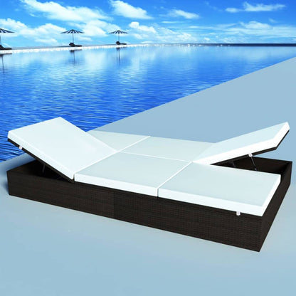 Double Sun Lounger with Cushion Poly Rattan Brown - 194×120×31cm