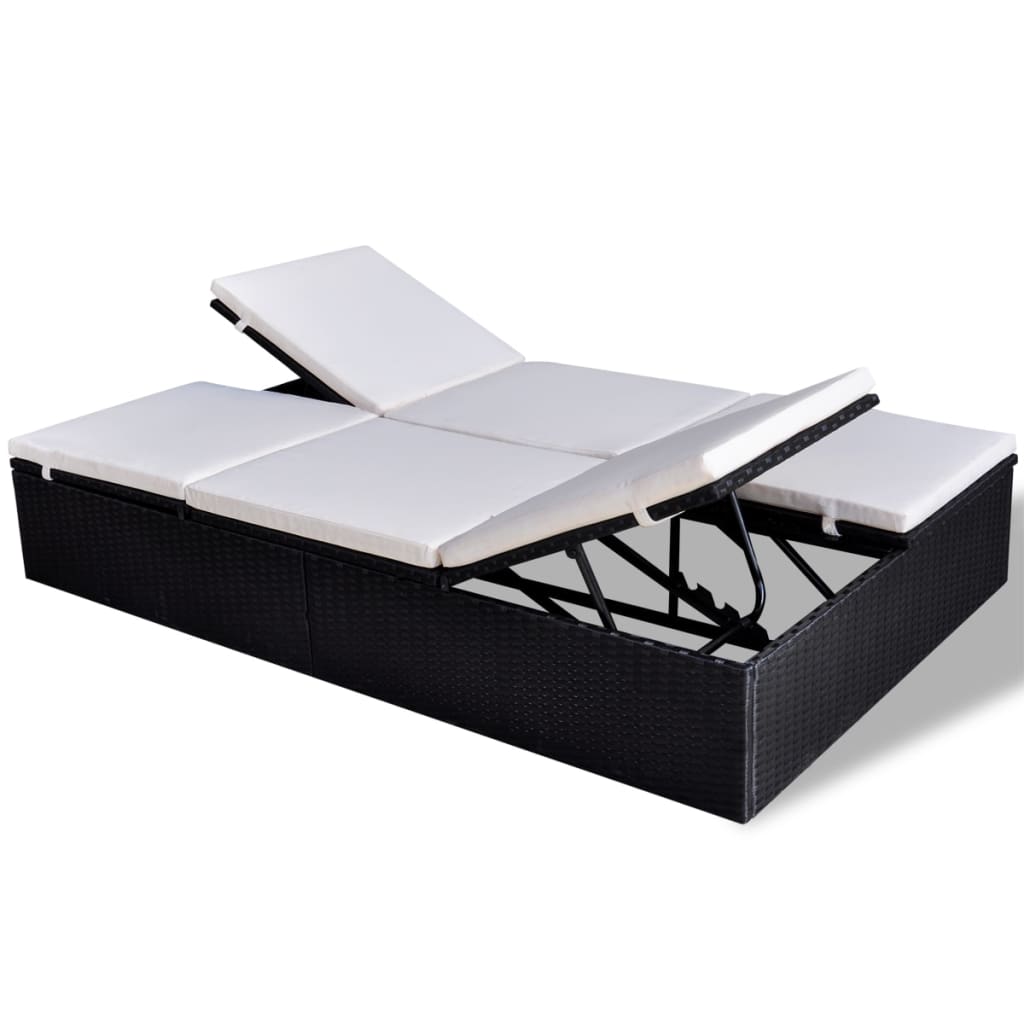 Double Sun Lounger with Cushion Poly Rattan Black - 194×120×31cm