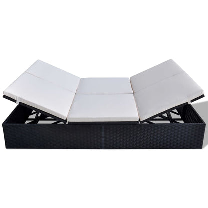 Double Sun Lounger with Cushion Poly Rattan Black - 194×120×31cm