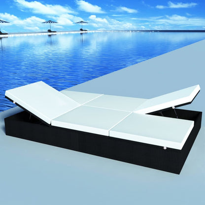 Double Sun Lounger with Cushion Poly Rattan Black - 194×120×31cm