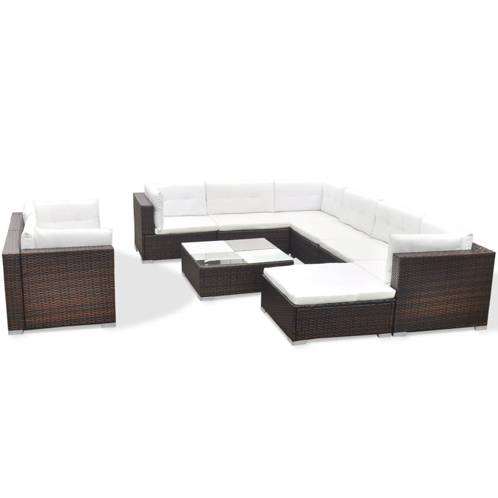 10 Piece Garden Lounge Set with Cushions Poly Rattan Brown - 70×70×52.5cm