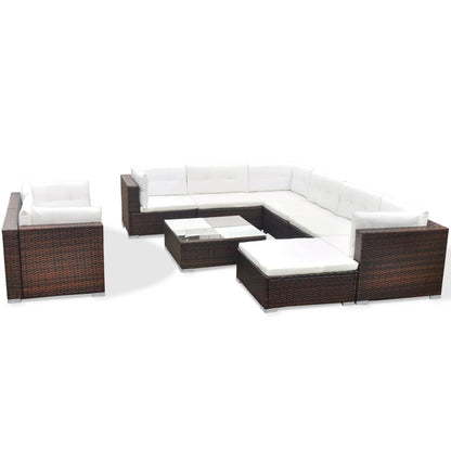 10 Piece Garden Lounge Set with Cushions Poly Rattan Brown - 70×70×52.5cm