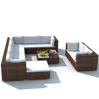 10 Piece Garden Lounge Set with Cushions Poly Rattan Brown - 70×70×52.5cm