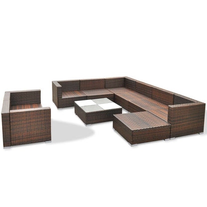 10 Piece Garden Lounge Set with Cushions Poly Rattan Brown - 70×70×52.5cm