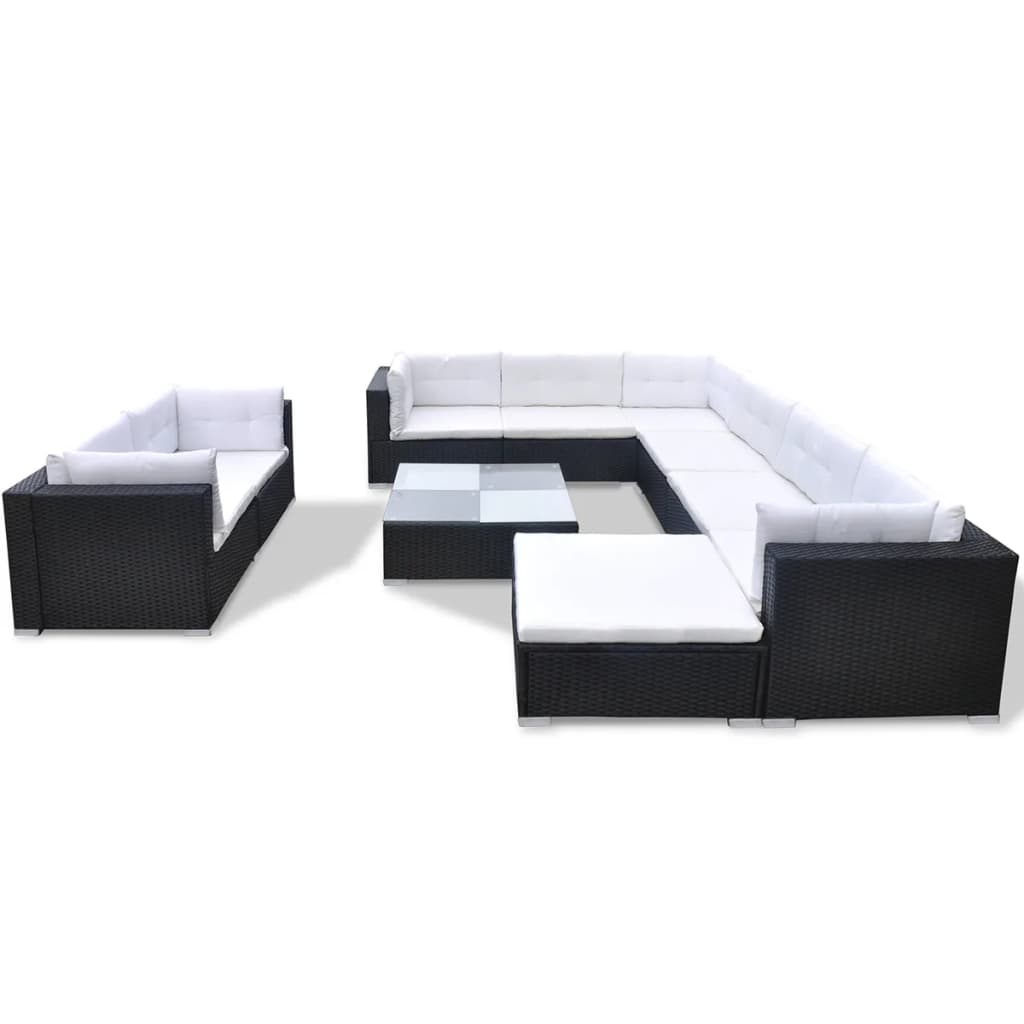 10 Piece Garden Lounge Set with Cushions Poly Rattan Black - 70×70×52.5cm