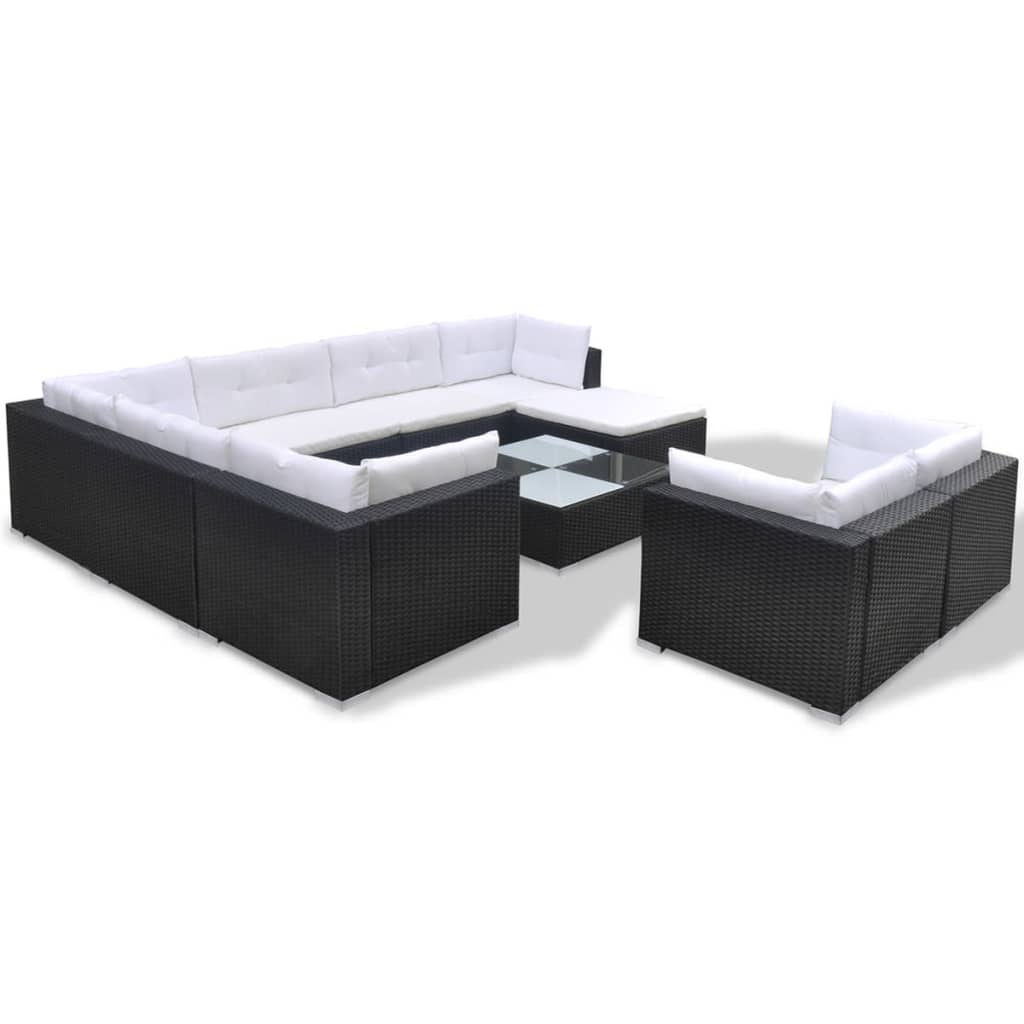 10 Piece Garden Lounge Set with Cushions Poly Rattan Black - 70×70×52.5cm