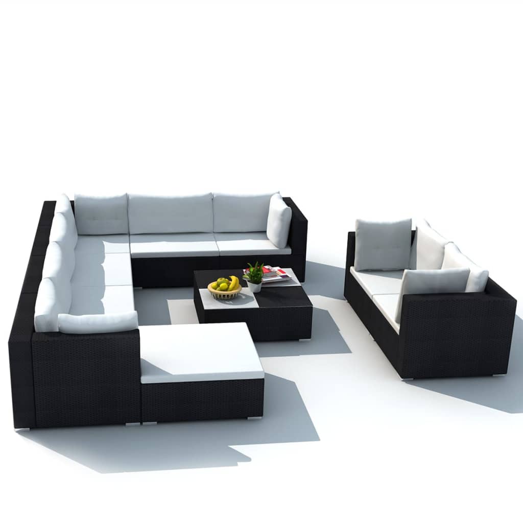 10 Piece Garden Lounge Set with Cushions Poly Rattan Black - 70×70×52.5cm
