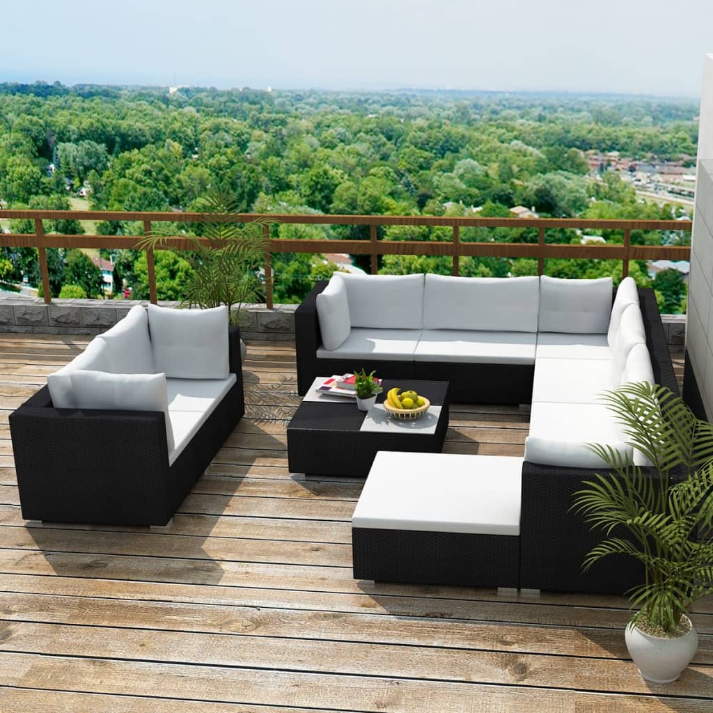 10 Piece Garden Lounge Set with Cushions Poly Rattan Black - 70×70×52.5cm