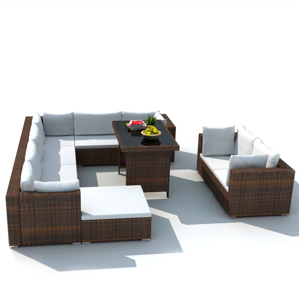 10 Piece Garden Lounge Set with Cushions Poly Rattan Brown - 70×70×56cm