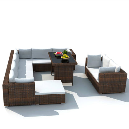 10 Piece Garden Lounge Set with Cushions Poly Rattan Brown - 70×70×56cm