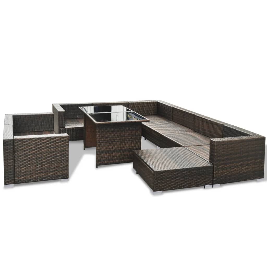 10 Piece Garden Lounge Set with Cushions Poly Rattan Brown - 70×70×56cm