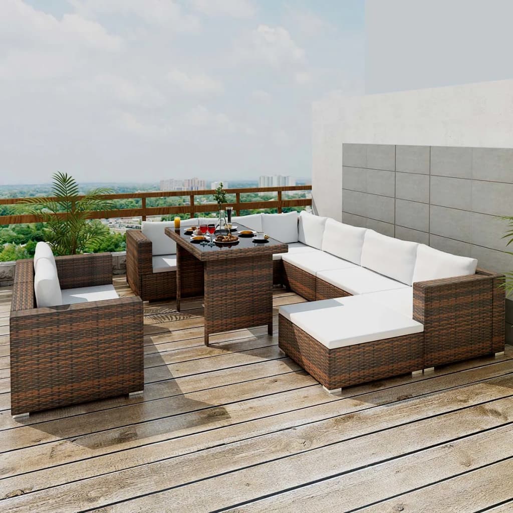 10 Piece Garden Lounge Set with Cushions Poly Rattan Brown - 70×70×56cm