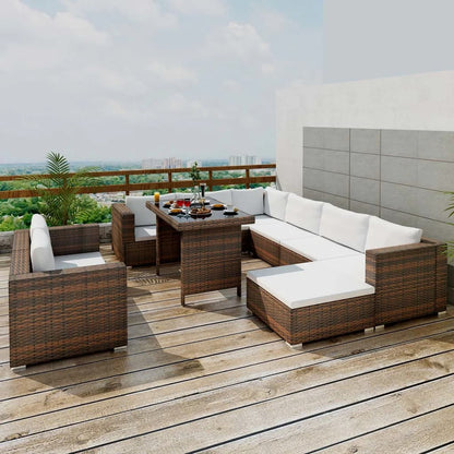 10 Piece Garden Lounge Set with Cushions Poly Rattan Brown - 70×70×56cm