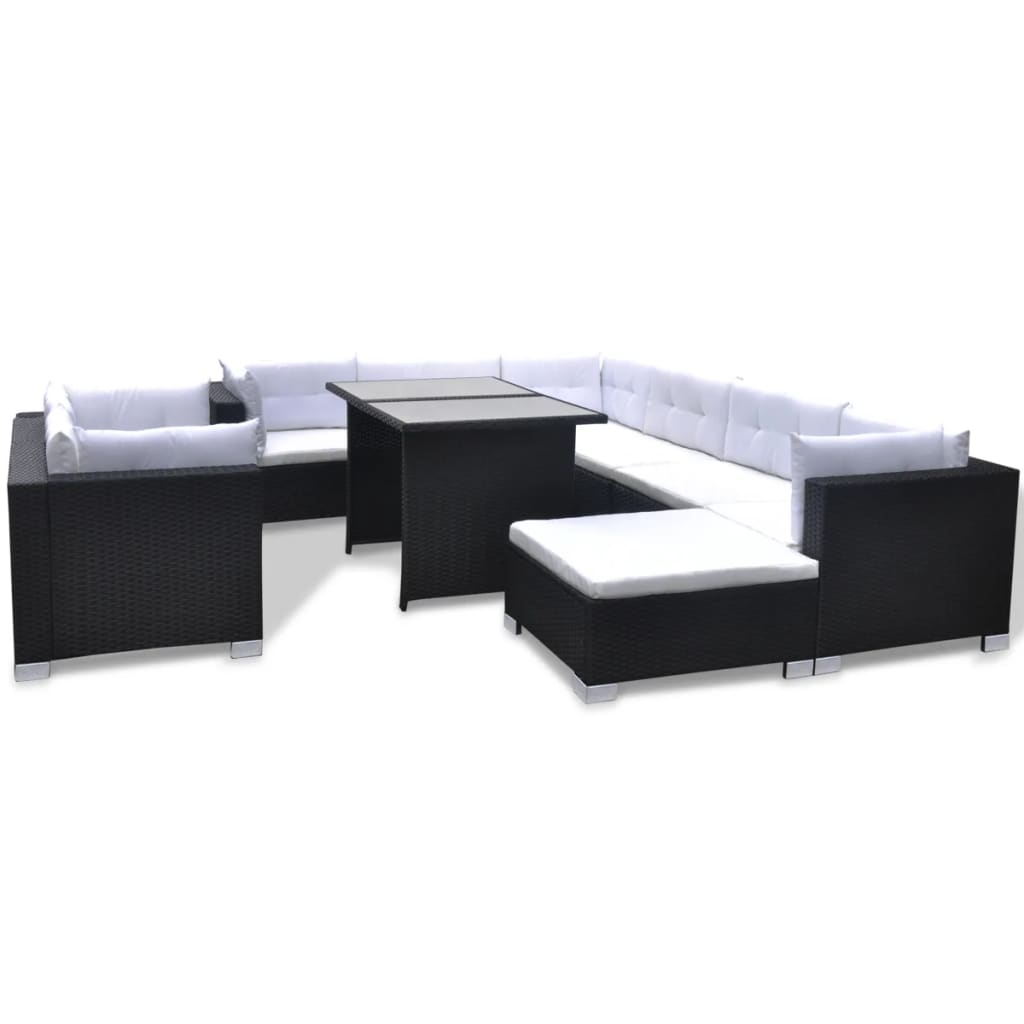 10 Piece Garden Lounge Set with Cushions Poly Rattan Black - 70×70×56cm
