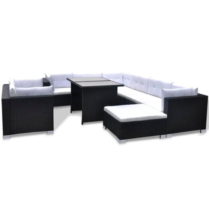 10 Piece Garden Lounge Set with Cushions Poly Rattan Black - 70×70×56cm