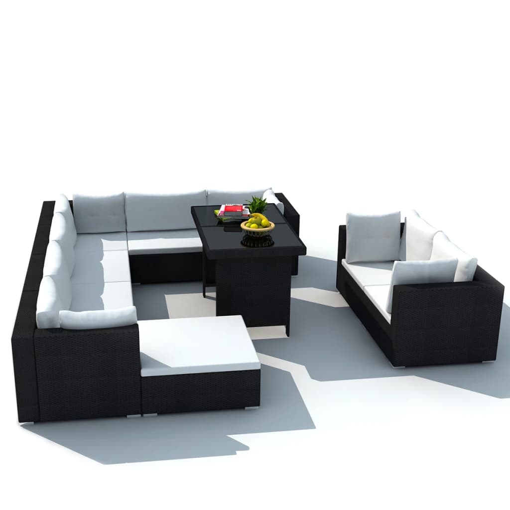 10 Piece Garden Lounge Set with Cushions Poly Rattan Black - 70×70×56cm