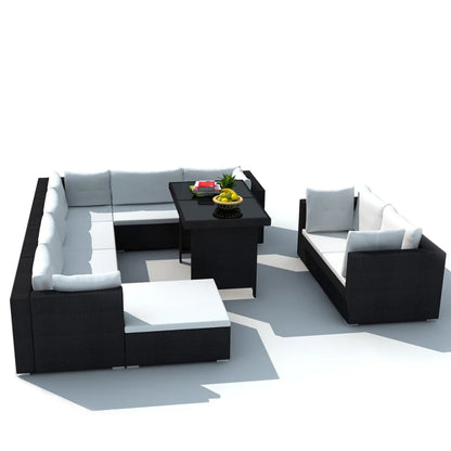 10 Piece Garden Lounge Set with Cushions Poly Rattan Black - 70×70×56cm