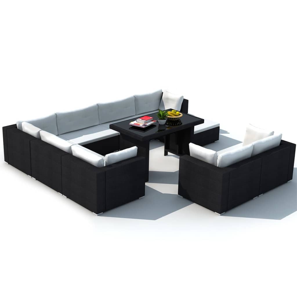 10 Piece Garden Lounge Set with Cushions Poly Rattan Black - 70×70×56cm