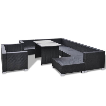 10 Piece Garden Lounge Set with Cushions Poly Rattan Black - 70×70×56cm