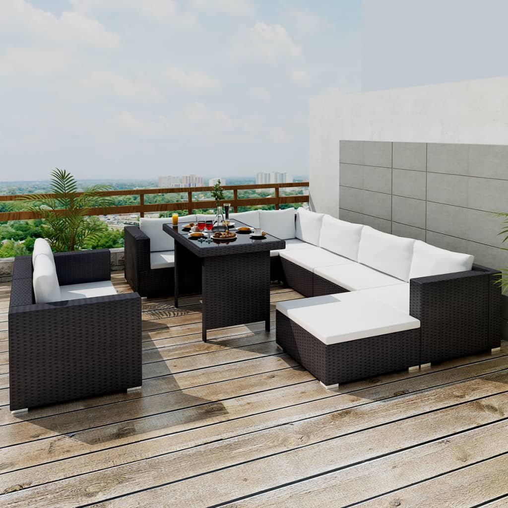 10 Piece Garden Lounge Set with Cushions Poly Rattan Black - 70×70×56cm