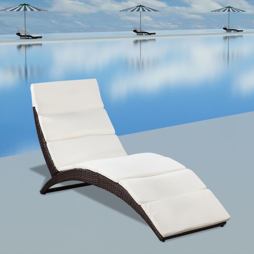 Folding Sun Lounger with Cushion Poly Rattan Brown - 162×64×86cm