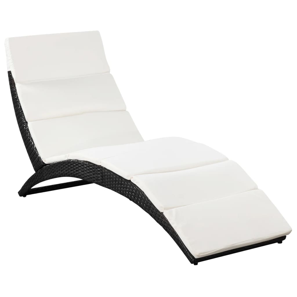Folding Sun Lounger with Cushion Poly Rattan Black - 162×64×86cm