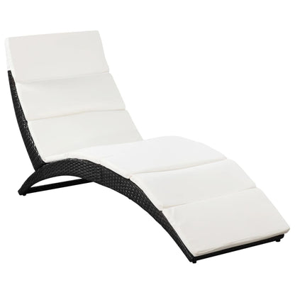 Folding Sun Lounger with Cushion Poly Rattan Black - 162×64×86cm
