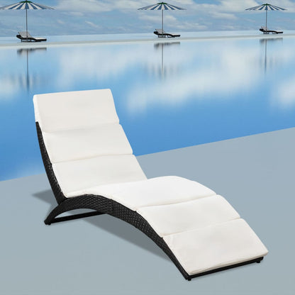 Folding Sun Lounger with Cushion Poly Rattan Black - 162×64×86cm