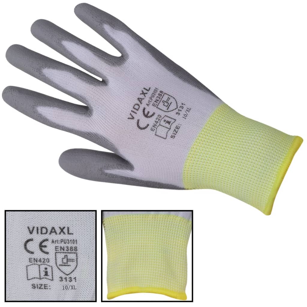 Work Gloves PU  Pairs White and Grey Size XL