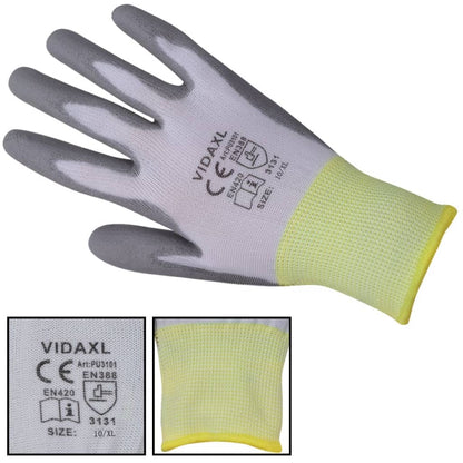 Work Gloves PU  Pairs White and Grey Size XL